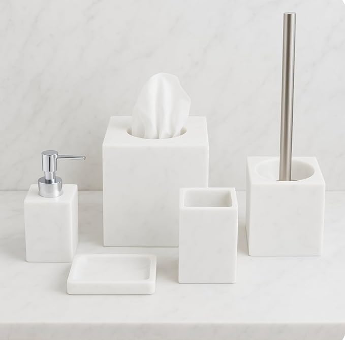 Kurrajong Farmhouse 5 Piece Bathroom Accessories Set Complete | Faux Marble and White Bathroom Accessory Set | Tissue Box, Toilet Brush, Soap Dish, Soap Dispenser, Toothbrush Holder