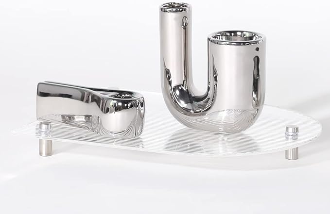 Silver Candlestick Holders, Decorative Taper Candle Holder Set Decor for Table Centerpiece Fireplace, Modern Silver Candle Holders Set, Aesthetic Ceramic Candle Stick Holder