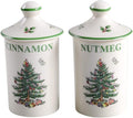 Spode Christmas Tree Spice Jars - Set of 2 Porcelain Jars for Cinnamon & Nutmeg, 4.5 Inch Seasoning Storage Jars, Beautiful Festive Kitchen Decor, Ideal for Holiday Recipes and Organization
