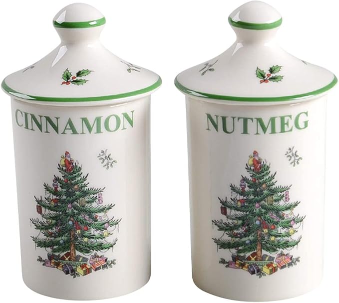 Spode Christmas Tree Spice Jars - Set of 2 Porcelain Jars for Cinnamon & Nutmeg, 4.5 Inch Seasoning Storage Jars, Beautiful Festive Kitchen Decor, Ideal for Holiday Recipes and Organization