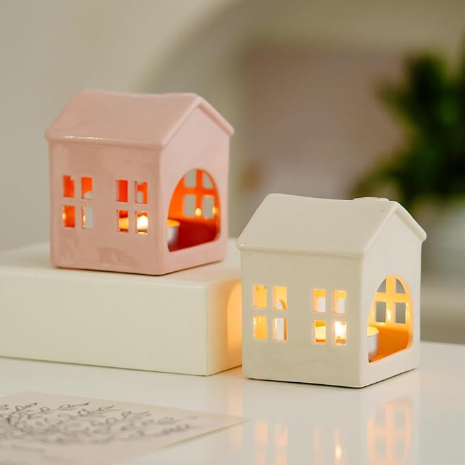 Hollowed Ceramic Village House Tealight Candle Holder for Home Fireplace Mantel Table Centerpiece Winter Holiday Christmas Decorations (Pink)