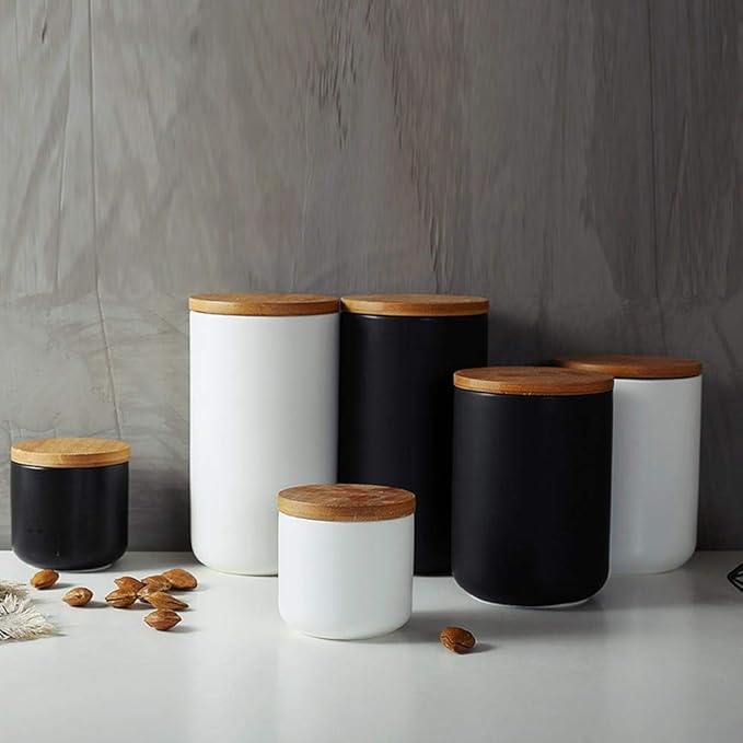 YYW Ceramic Food Storage Jar Canister with Airtight Wooden Lid, Modern Design Food Canisters Loose Tea Coffee Sugar Spice Nuts Snacks Seasonings Storage Jar Caddy (White 6.76oz/200ml)
