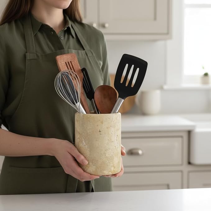 Marble Utensil Holder 6.5 Inch Travertine Utensil Caddy, Wooden Cooking Utensils Set & Spatula Organizer for Kitchen Counter Decor, Stone Crock for Spoon Holder & Farmhouse Decor