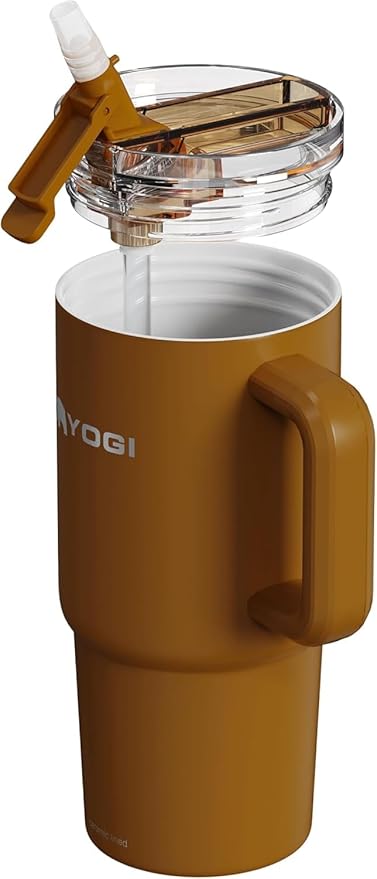 YOGI Ceramic Lined Metal Allergy Safe 24oz Tumbler with Handle and Straw Leakproof Flip & Sip Lid Vacuum Insulated Stainless Steel Travel Cup for Iced Coffee Water and All-Day Hydration 24oz Amber