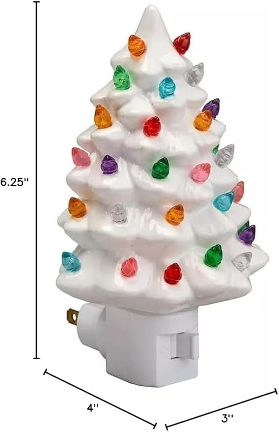 Christmas Night Light - White Tree Christmas Nightlight Plug Into Wall, 6" Ceramic, Holiday Decorations, Winter Home Décor for Kids/Adults