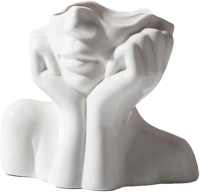 Ceramic Face Vase - Cute Half-Body Female Head Planter for Flowers, Modern Farmhouse Decor - Perfect for Desk, Table & Bookshelf, Home Accent (Large)