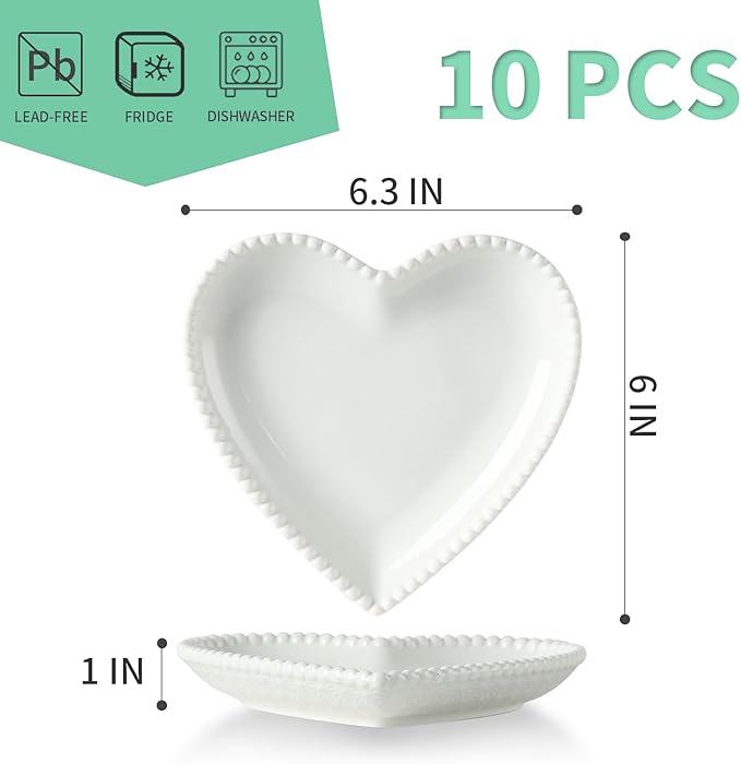 OMAYKEY 6.3 Inch Ceramic Dessert Plates Set of 10, Small Salad Plates, Porcelain Heart Shaped Appetizer Plates, Dinner Plates for Cake, Snack, Ice Cream, Microwave, Oven, Dishwasher Safe, White