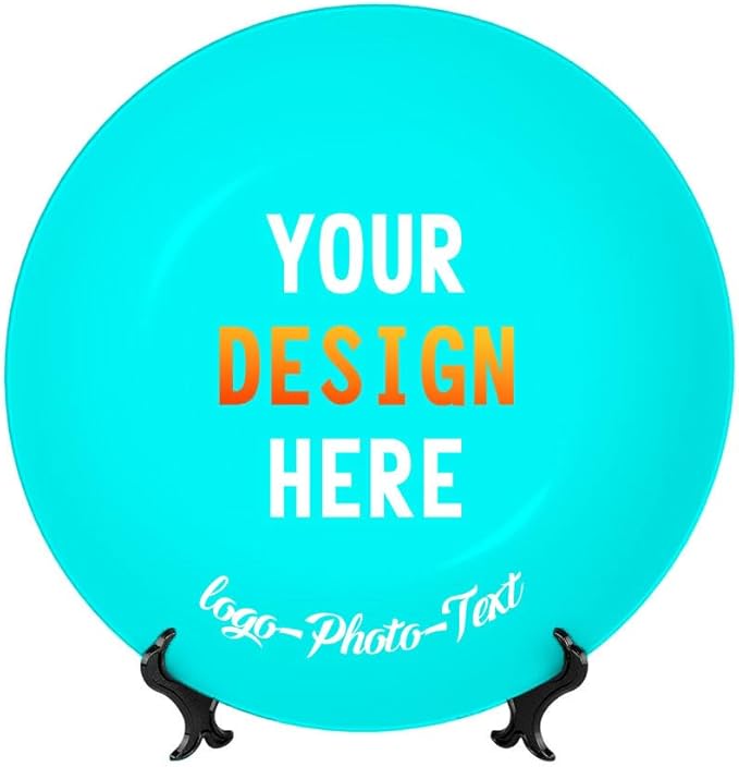 Custom Photo Ceramic Decorative Plate, Wobble-Plate Dishes with Display Stand, Handmade Ceramic Ornament, for Wall Hanging Living Room Bathroom Decor Gift, Cyan-7 In