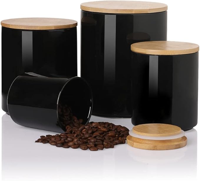 Sweejar Kitchen Canisters Ceramic Food Storage Jar Set, Stackable Containers with Airtight Seal Wooden Lid for Serving Ground Coffee, Tea, Herbs, Grains, Sugar, Salt - Set of 4 (Black)