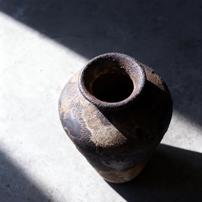 Wabi Sabi Ceramic Vase 9.1 Inch, Rustic Pottery Vase for Home Decor, Organic Textured Brown Black Vase for Pampas Grass, Coffee Table Shelf Farmhouse Decor