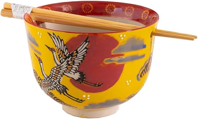 Urban Tokyo Handpainted Ceramic Glazed Japanese Ramen Udon Noodle Rice Bowl With Chopsticks 20 fl oz 5 inch Diameter Bowl Sets Color Box Packaging (Crane and Moon Design)