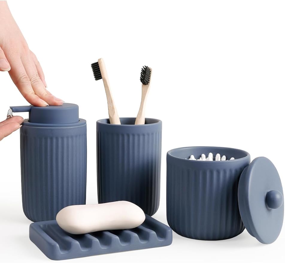 INGOFIN 4 Pcs Ceramic Bathroom Accessory Set - Liquid Soap Dispenser, Toothbrush Holder,Contain Cotton Swab Jar & Soap Dish,Countertop Accessories for Home, Guest Bathroom, Office, Matte Blue