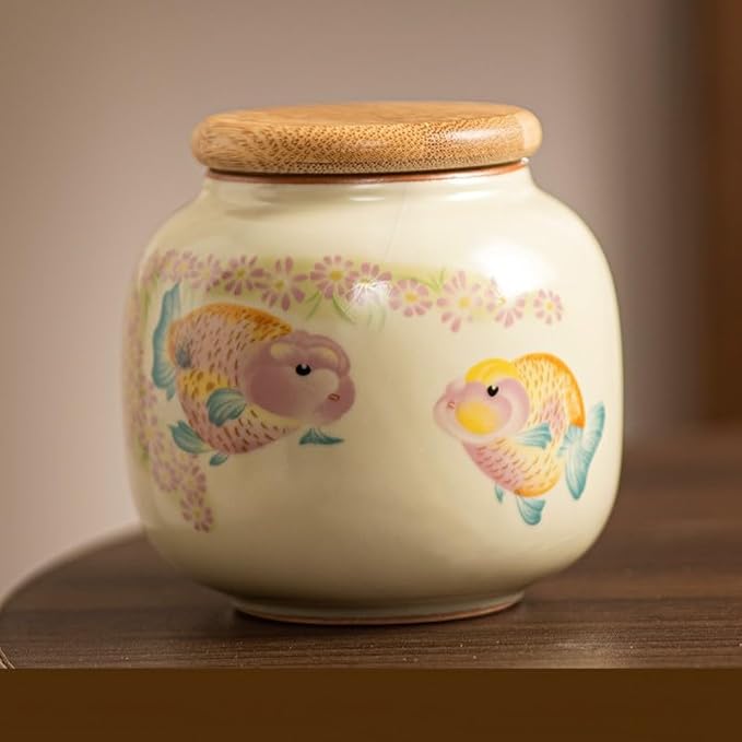 9oz Small Ceramic Tea Canister with Airtight Lid - Adorable Animal Design Storage Jar for Loose Leaf Tea, Coffee, Sugar, Cookies - Decorative Kitchen & Pantry Organizer (Fish)