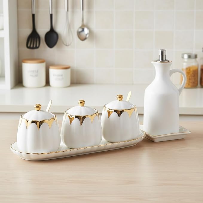 Sugar Bowl with Lid and Spoon, Ceramic Condiment Container with Tray, Sugar and Salt Containers Set, Gold Condiment Spice Jars, White Seasoning Container Set of 3 for Kitchen Coffee Bar
