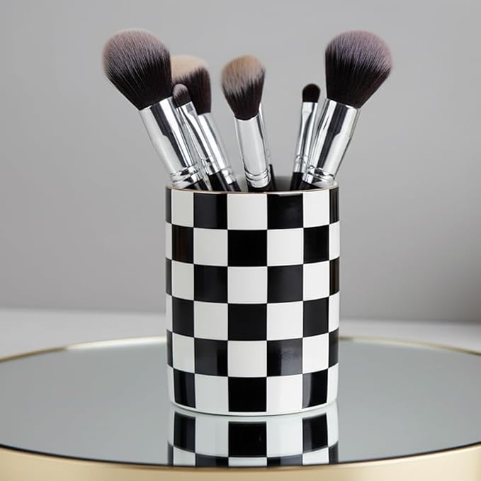 Ceramic Toothbrush Holder Toothpaste Holders, Cute Bathroom Tumbler Cups Reusable,Checkered Bathroom Counter Decor Organizer, Makeup Brush Holder,Pen Holder (Black)