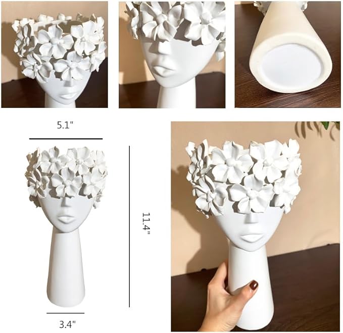 Ceramic Sculpture Female Head Face Flower Vase Decoration, Unique White Centerpiece for Home Decor