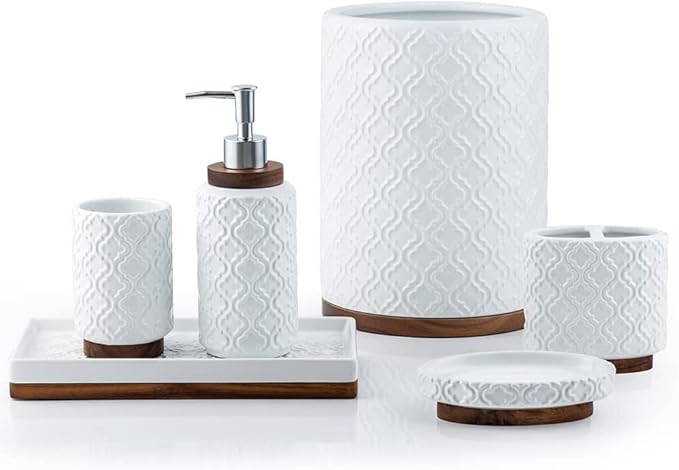 Elegant 6 PCS Ceramic&Wood Bathroom Accessories Set:Soap Dispenser,Toothbrush Holder,Tumbler,Soap Dish,Tray,Trash Can,Easy to Clean,Quatrefoil Pattern,White-Affordable Home Luxury