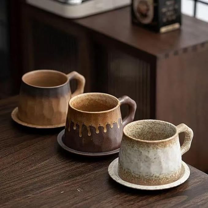 10oz Vintage Retro Handmade Ceramic Cappuccino Cup with Saucer –Small Rustic Stoneware tea cup and saucer, Lead-Free Latte Art Mug,Handmade mug with saucer set,Microwave safe (biege)