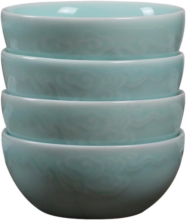 Chinese Rice Bowls 10-Ounce 4.5 inch Celadon Glazed Cereal Bowl Embossed with Auspicious Clouds Porcelain(Set of 4) (Sky Blue)