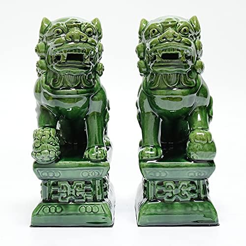 Sancai Ceramic Foo Dogs, Pair of Tang Dynasty Feng Shui Guardian Lions, Handcrafted Statues for Home and Office Decor,Green,4.72 * 7.87in