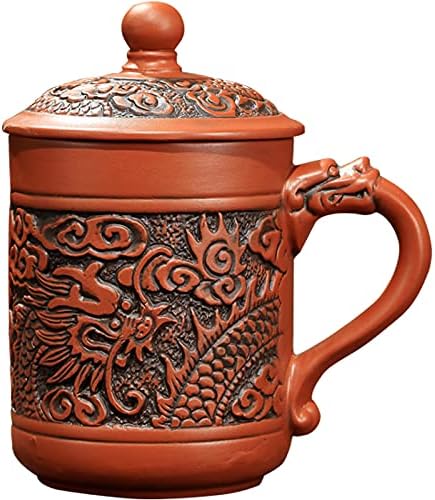 Ceramic Teacup, Chinese Hand Painted Purple Clay Tea Mug with Lid and Infuser, (13oz) Zisha Water Mug Drinkware for Office Home (red dargon)
