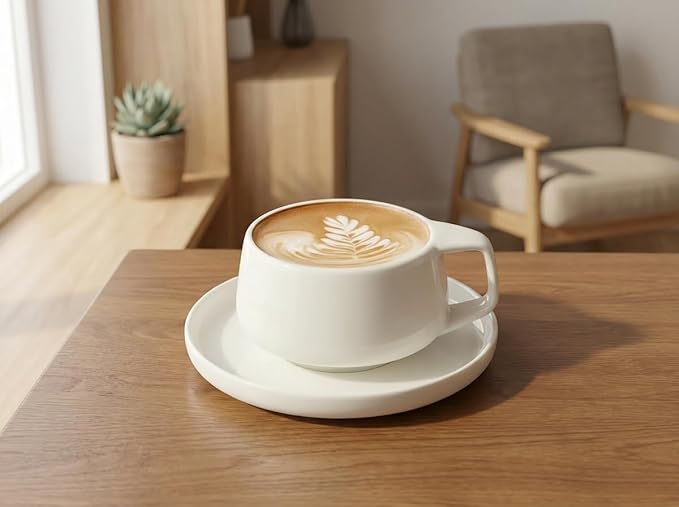 Luxury Ceramic Coffee Cup and Saucer Set, 8.45 fl oz, White, 5.91 x 3.35 inches