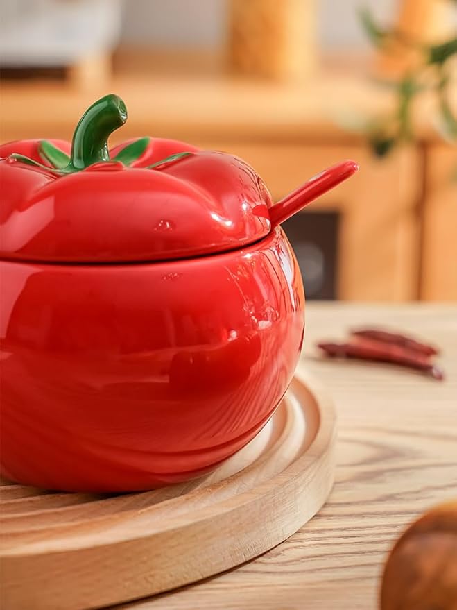 123Arts Sugar Bowl Tomato Ceramic Spice Jar Storage Jar with Spoon