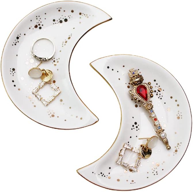 Soddeph Small Moon Ceramic Jewelry Tray, Decorative Trinket Dish, Ring Holder Plate, Modern Accent Tray for Bathroom, Nightstand, Entryway Table, Vanity (2, White)