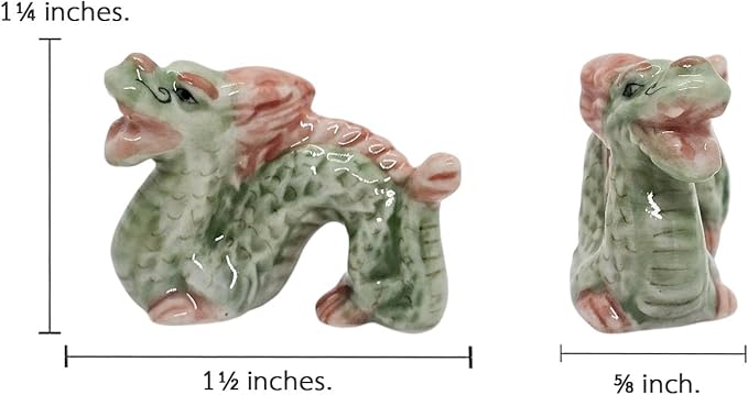 WitnyStore 1½" Green Red Chinese Asian Dragon Ceramic Figurine for Terrarium Decoration Collectible Statue for Adult Collectors Handcrafted Porcelain Ornament Sculpture Home Room Tabletop Decor