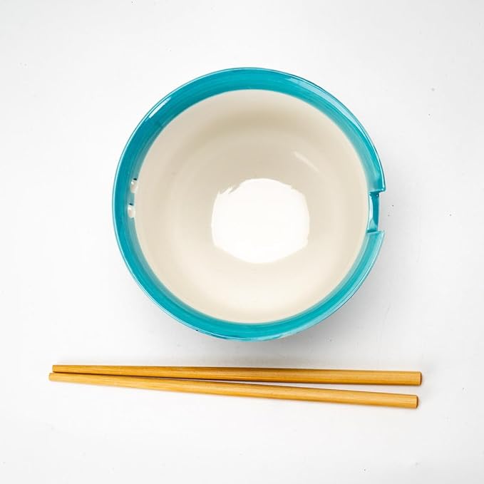 Urban Tokyo Handpainted Ceramic Glazed Japanese Ramen Udon Noodle Rice Bowl With Chopsticks 20 fl oz 5 inch Diameter Bowl Sets Color Box Packaging (Robin Bird)