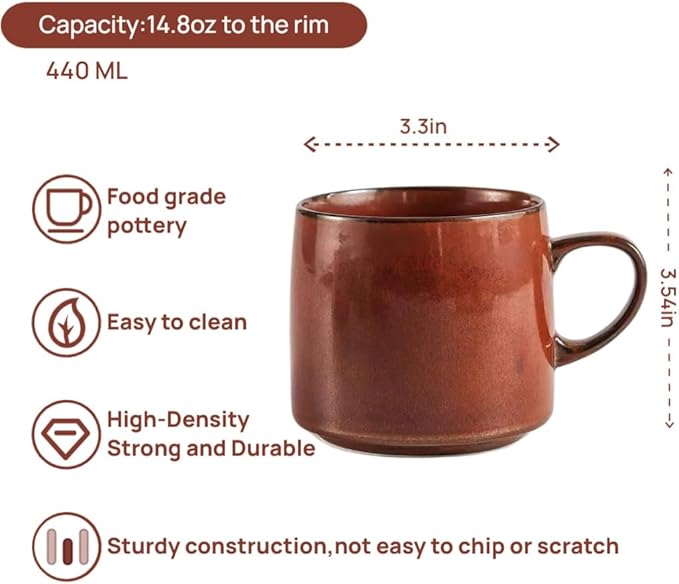 12oz Japanese Minimalistic Asian Aesthetic Rustic Handmade Ceramic Pottery Coffee Mug, Lead-Free Glaze Artisanal earthen Tea Mug, Sturdy Tea cup with handle, Handmade stoneware mugs for office (Red)