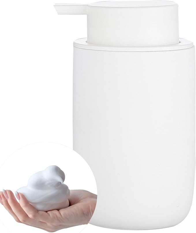 Foaming Soap Dispenser - White Ceramic Foam Dish Hand Soap Dispenser with Black Pump for Bathroom, Bathroom Dispenser Set for Modern Home Farmhouse Decor