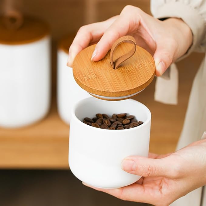 MilkyWay Ceramic Food Storage Jar, Storage Canisters with Airtight Seal Bamboo Lid Modern Design Seal Damp-Proof Kitchen Jar for Coffee, Tea, Spice and More (Black 3 sets)