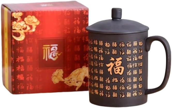 Ceramic Teacup, Chinese Hand Painted Purple Clay Tea Mug with Lid and Infuser, (13oz) Zisha Water Mug Drinkware for Office Home (Color change Bless)