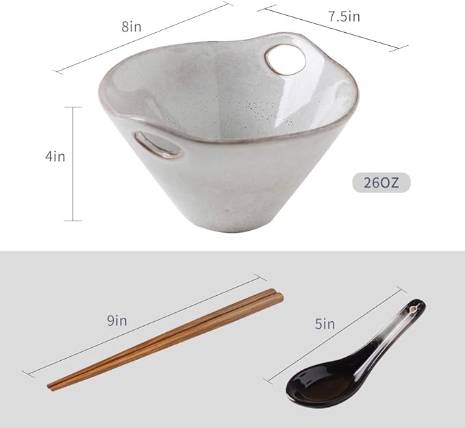 KOOV Porcelain Ramen Bowls and Spoons Set of 2, Japanese Ramen Noodle Bowl with Chopsticks and Spoons, 26 Ounce Deep Pho Bowl, Reactive Glaze (Variable Grey)