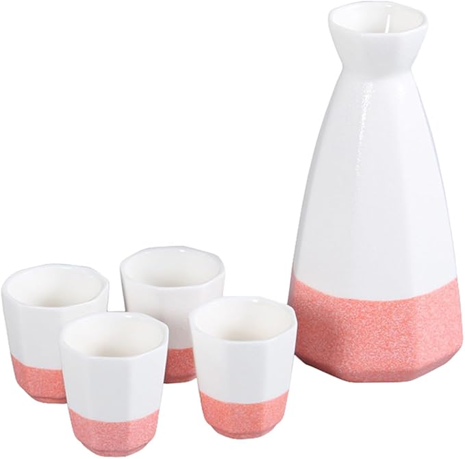 Traditional Sake Cup,Ceramic Wine Glasses,1 Set/5pcs Flagon Wine Glass Set Water Bottle Set Korean Gifts Wedding Champagne Glasses Ceramics Ceramic Drinkware (Pink 15.5X7.5X4.5CM)
