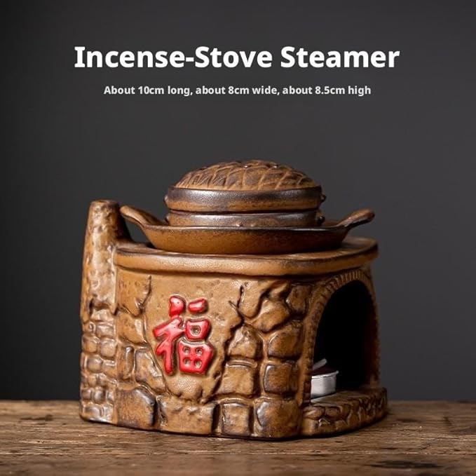 Traditional Chinese Ceramic Incense Burner and Tea Warmer, Brown Stone-Like Finish, 3.94x3.15x3.35 Inches, Multi-Purpose Design with Tea Roasting and Aromatherapy Functions (Stovetop Steamer Style)