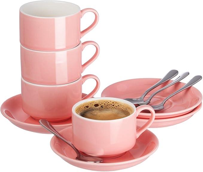 2.5oz Espresso Cups Set of 4, Demitasse Cups and Saucers with Spoons for 4, Expresso Shot Cups for Espresso Machine-Pink