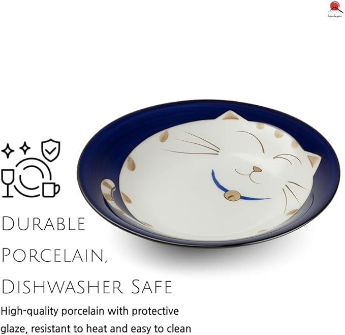JapanBargain, Set of 2 Japanese Soup Bowls Shallow Porcelain Bowl for Curry Rice Cereal Poke Salad and Dessert, Maneki Neko Smiling Cat Pattern, Made in Japan, 8.5 inch, Blue Color