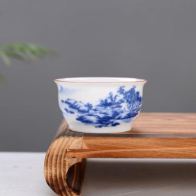 Chinese Handmade Kungfu Tea Cup 60 ml,Bone China Blue and White Tea Cups Set of 12,Ceramic Tea Mugs Without Handles,Best Gift（Landscapes）