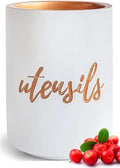 STYLED SETTINGS White Ceramic Utensil Holder with Interior Copper Finish - Large and Sturdy Spatula Holder - Rose Gold Kitchen Accessories, Stylish Countertop Utensil Organizer