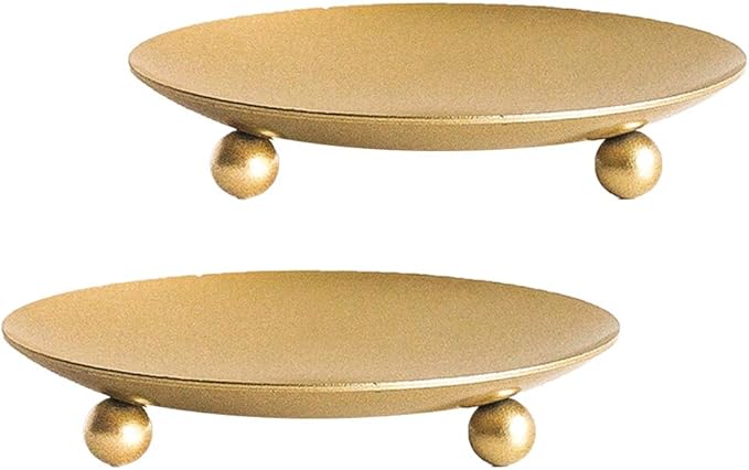 Gold Iron Plate Candle Holder, Decorative Iron Pillar Candle Plate, Set of 2, 4.37 inches D x 0.78 inches H, Pedestal Candle Stand for LED & Wax Candles, Incense Cones, Spa, Weddings (2 pcs)