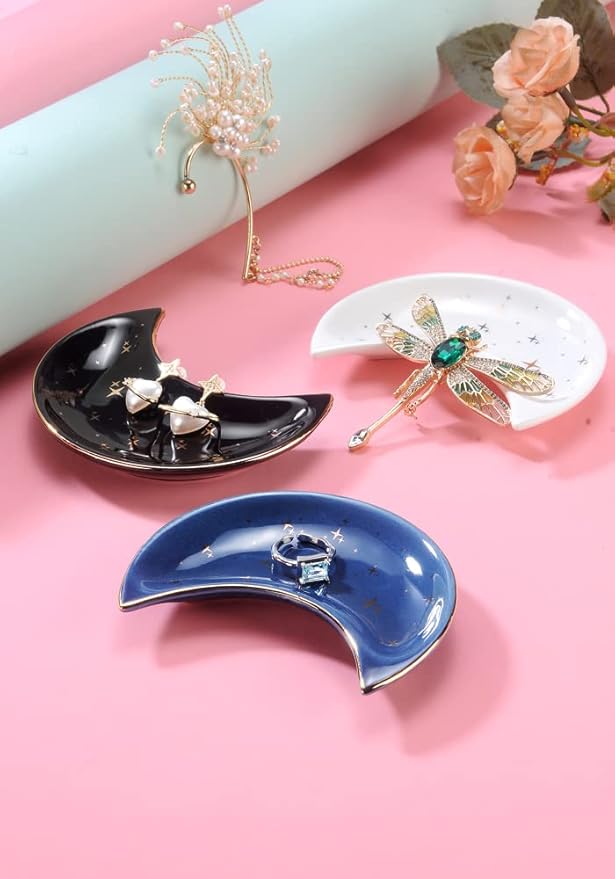 Moon Shape Jewelry Tray, Engagement Ring Tray, Blue Ring Dish for Women in Vanity Bathroom. Decorative Trinket Tray for Organizing Necklace Earrings, Ceramic.