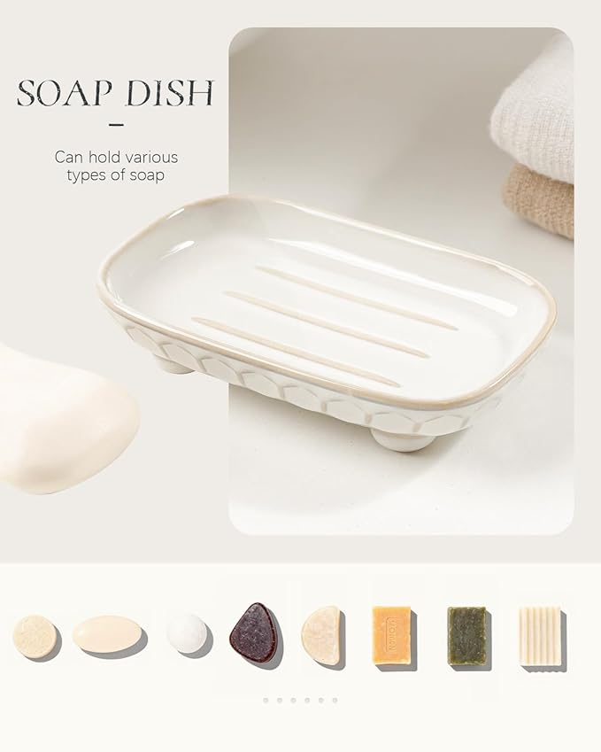 Bathroom Accessory Set 4PCS, Ceramic Bathroom Accessories Set, Foaming Soap Dispenser Set Complete, White Honeycomb Design, Home Apartment Modern Bath Decor Vanity Countertop, ANTIS'S HOME