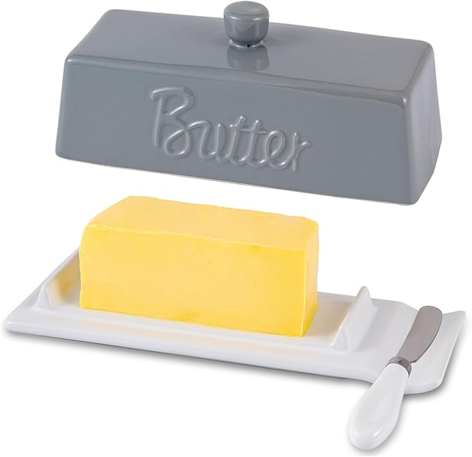 TEATALK Ceramic Butter Dish with Lid and Knife - Large Butter Holder, Farmhouse Style, 8-Inch Porcelain Butter Keeper with Scraper Edge, Grey