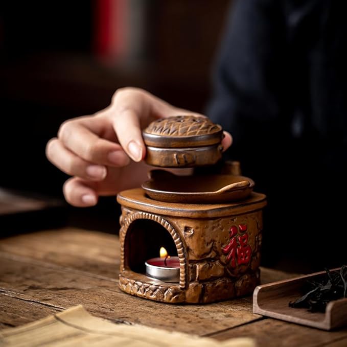 Traditional Chinese Ceramic Incense Burner and Tea Warmer, Brown Stone-Like Finish, 3.94x3.15x3.35 Inches, Multi-Purpose Design with Tea Roasting and Aromatherapy Functions (Stovetop Steamer Style)