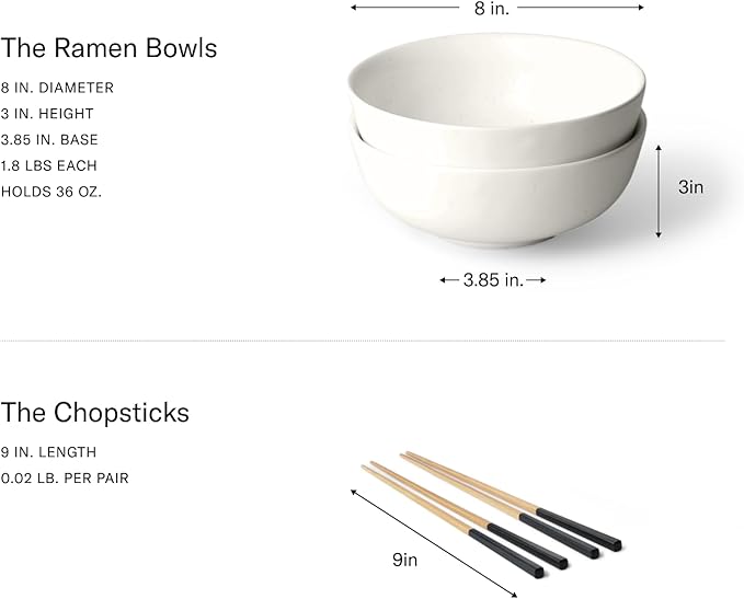 Fable Ramen Set - Includes 2 Ramen Bowls and 2 Pairs of Chopsticks - Durable, Dishwasher Safe Stoneware Ceramic Bowls and Bamboo Chopsticks- Speckled White