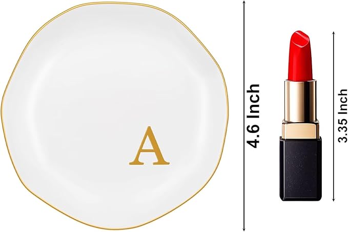 Ceramic Jewelry Tray, Personalized Initial Ring Dish, Elegant Trinket Tray for Rings Earrings Bracelet Necklaces, White Decorative Jewelry Holder for Women Vanity, 4.5 Inch, Letter A