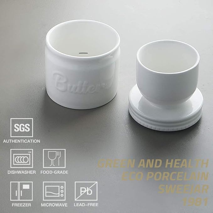 Sweejar Porcelain Butter Keeper Crock, French Butter Dish with Water Line, Ceramic Butter Container for soft butter (White)