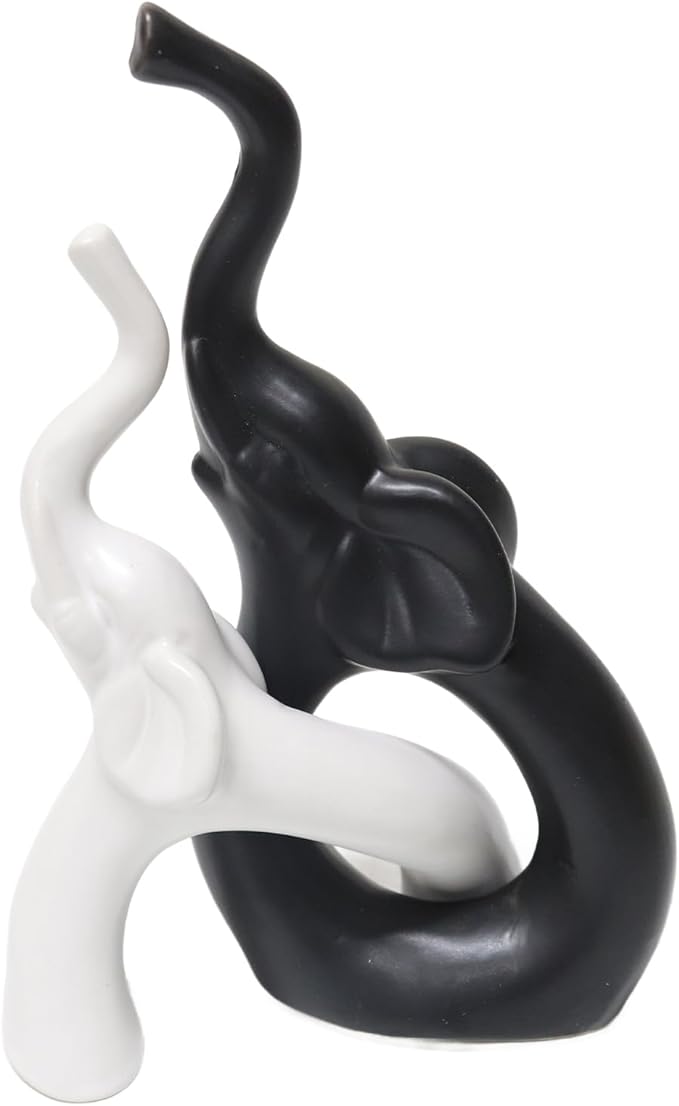 Zerzsy Loving Pair of Elephants Statues Figurine, Modern Style Sculpture Decorative, Ornament Elephant for Living Room Office Cabinets, Shelf - Black & White Ceramic Decor